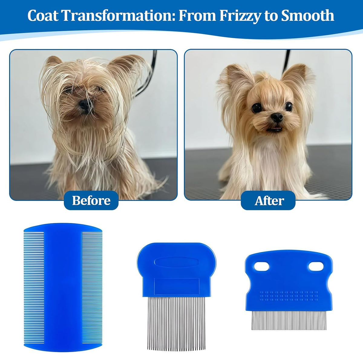 6 Pack Pet Grooming Combs, Stainless Steel Dog and Cat Grooming Combs with Rounded Teeth, Double-Sided Professional Pet Tear Stain Remover for Small, Medium, and Large Pets (Blue)