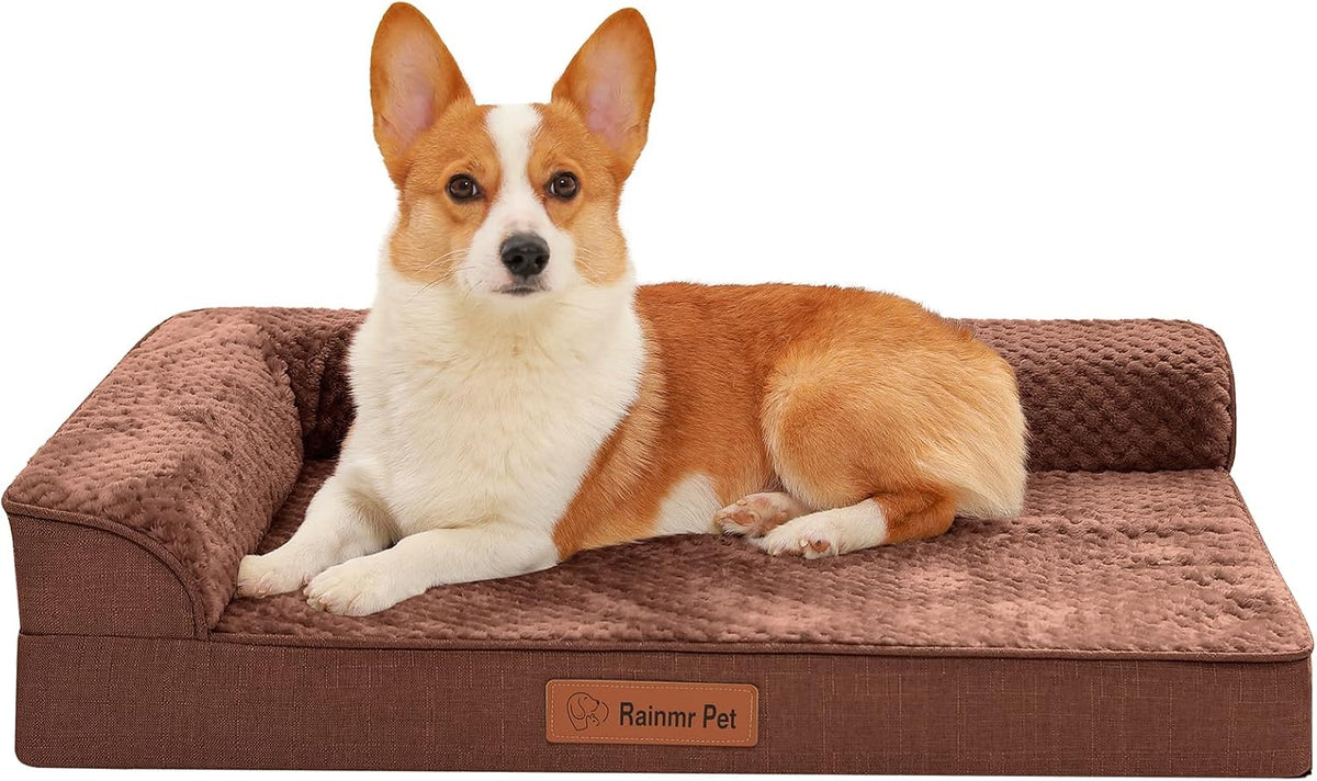 Rainmr Waterproof Dog Bed for Small Dogs - Orthopedic Memory Foam Puppy Couch Sofa, Removable Cover & Anti-Slip Bottom, 35x23 Inches, Brown