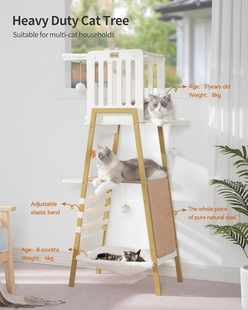 FourFurPets Modern Cat Tree, 58-Inch Cat Tower for Large Cats, Big Hammock