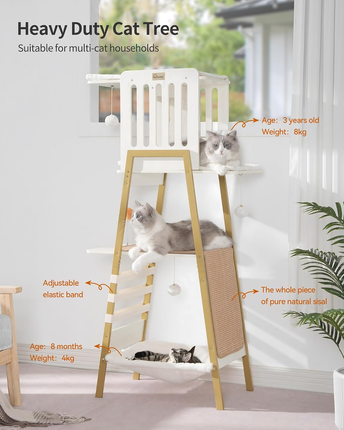 FourFurPets Modern Cat Tree, 58-Inch Cat Tower for Large Cats, Big Hammock
