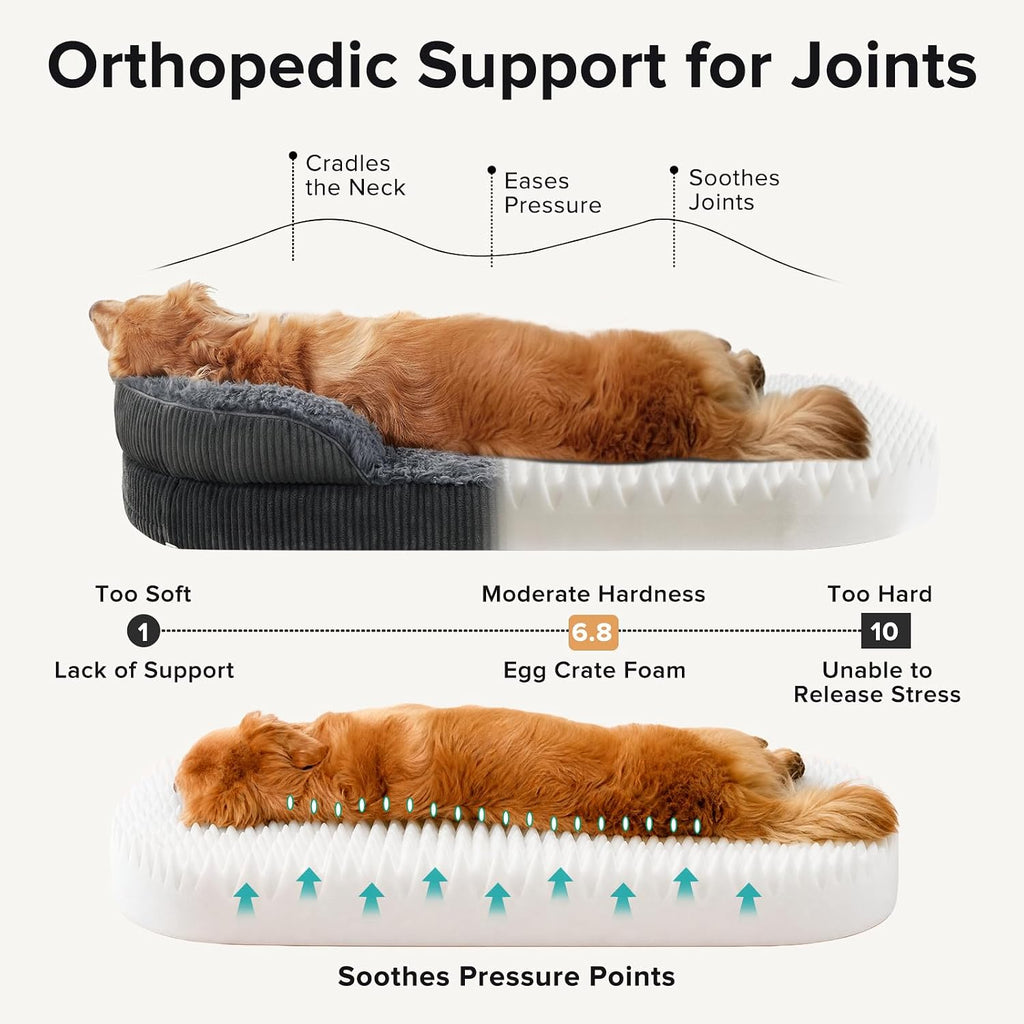 INVENHO Fluffy Orthopedic Dog Beds Large Sized Dog, XL Egg-Crate Foam Bolster Sofa Bed with Washable Removable Waterproof Cover, Fluffy Plush Faux Fur Dog Bed with Non-Skid Bottom