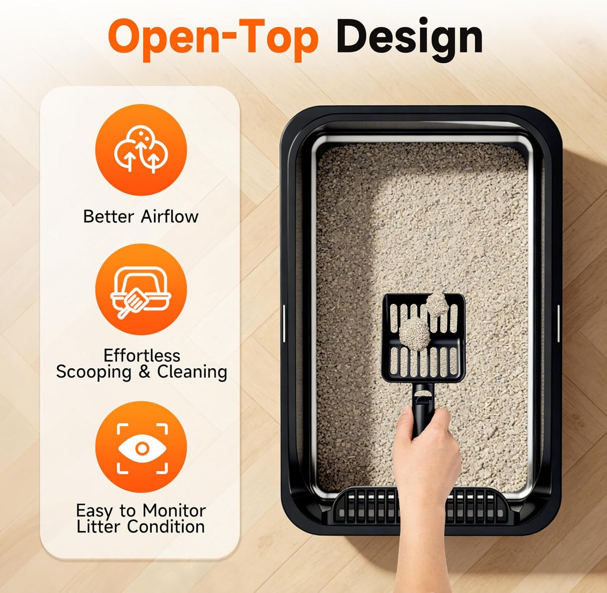 Extra Large Stainless Steel Litter Box with Lid, XL Odor Free Metal Litter Box with High Sides for Big Cats, Open Top Easy Cleaning Kitty Box Anti-Urine Leakage, Non-Sticky, Include Scoop, Black