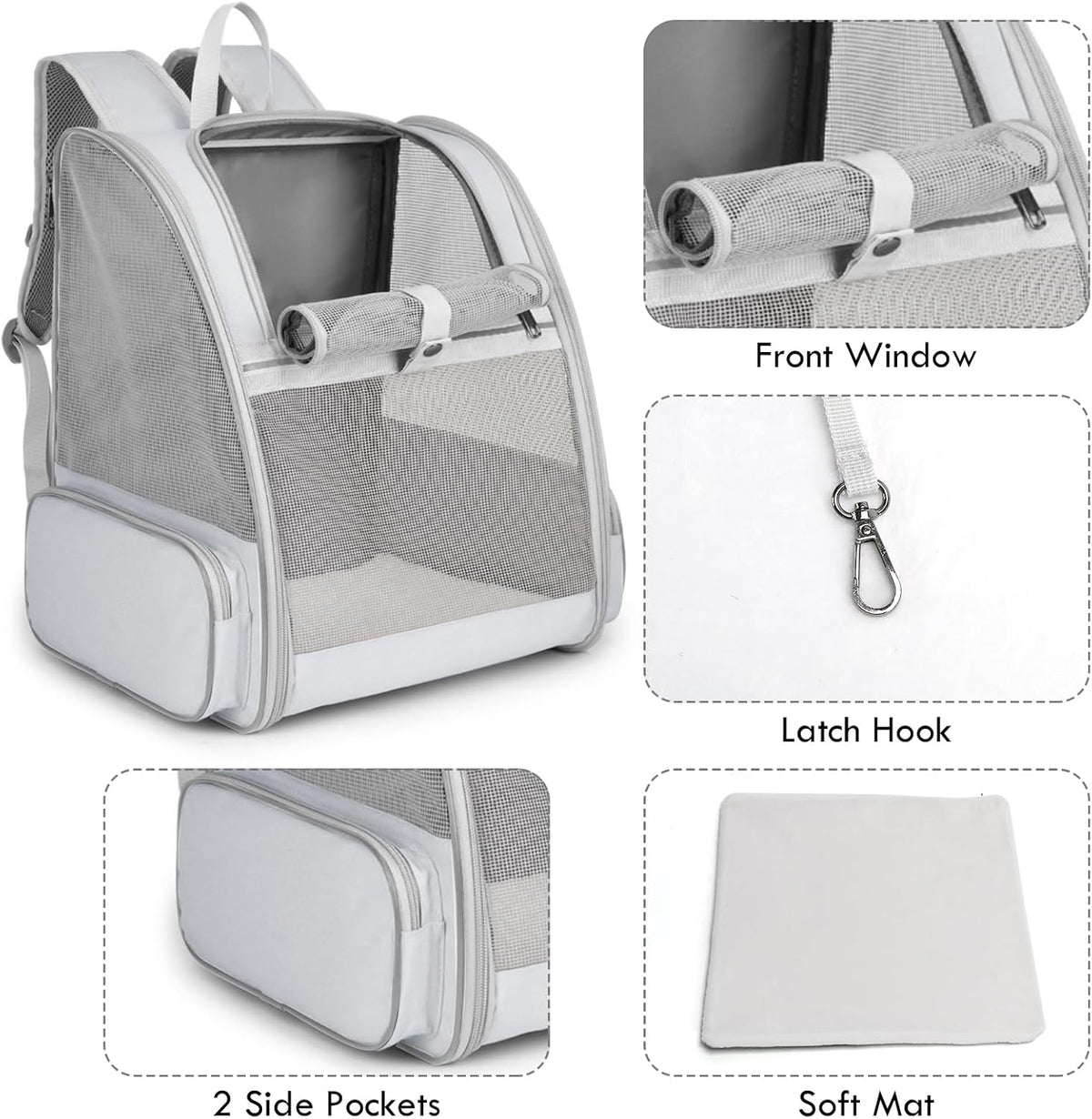 Cat Backpack Carrier, Small Dog Carrier Backpack with Fully Ventilated Mesh, Kitten Wand Feather Toy & Safety Leash, Collapsible Travel Hiking Pet Carrier for Small Dogs Cat Puppy Kitten Bunny (Grey)