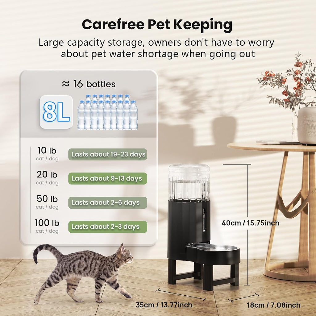 CZPET Gravity Dog Water Bowl Dispenser, Wider Mouth (8L+Stand, Black)