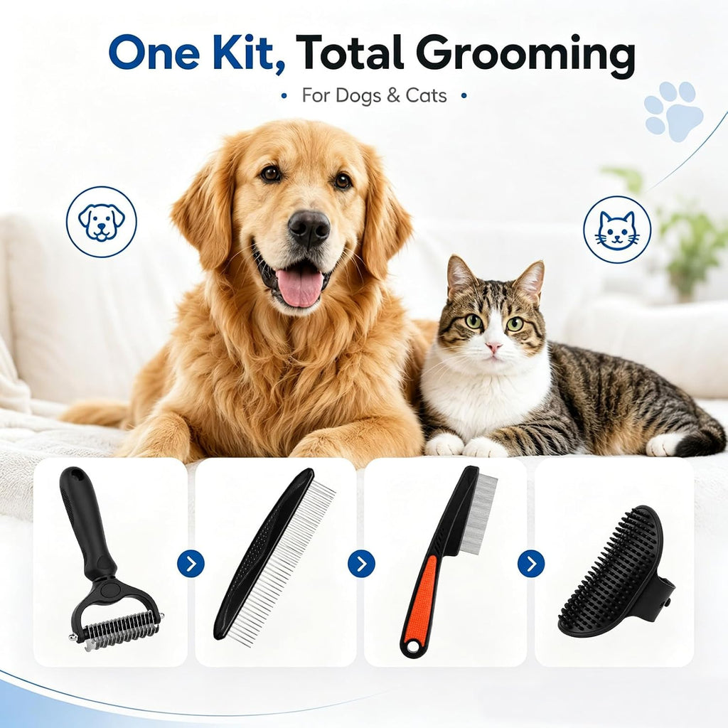 Double-Sided Pet Grooming Rake Set of 4, with Metal Comb Flea Comb Bath Brush for Long & Short Haired Pets to Effectively Remove Tangles, Knots and Mats
