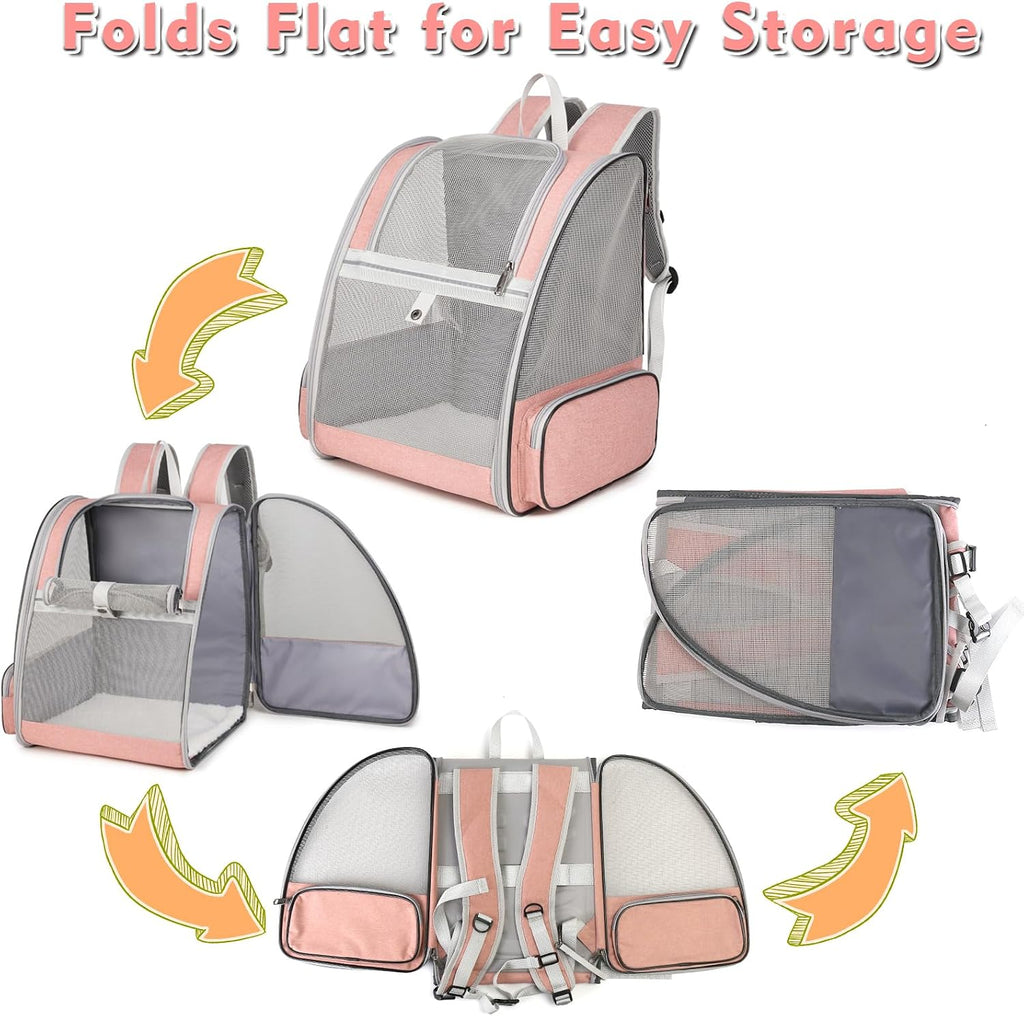 Cat Backpack Carrier, Small Dog Carrier Backpack with Fully Ventilated Mesh, Kitten Wand Feather Toy & Safety Leash, Collapsible Travel Hiking Pet Carrier for Small Dogs Cat Puppy Kitten Bunny (Pink)