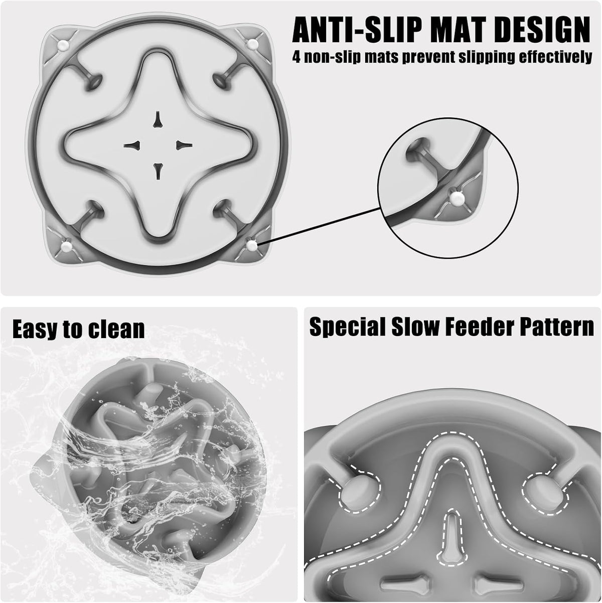 Slow Feeder Dog Bowls Medium Breed, Dog Food Bowl Medium Anti-Choking Bloat Stop Puzzle Healthy Eating Bowl (Gray, 2 Cup)