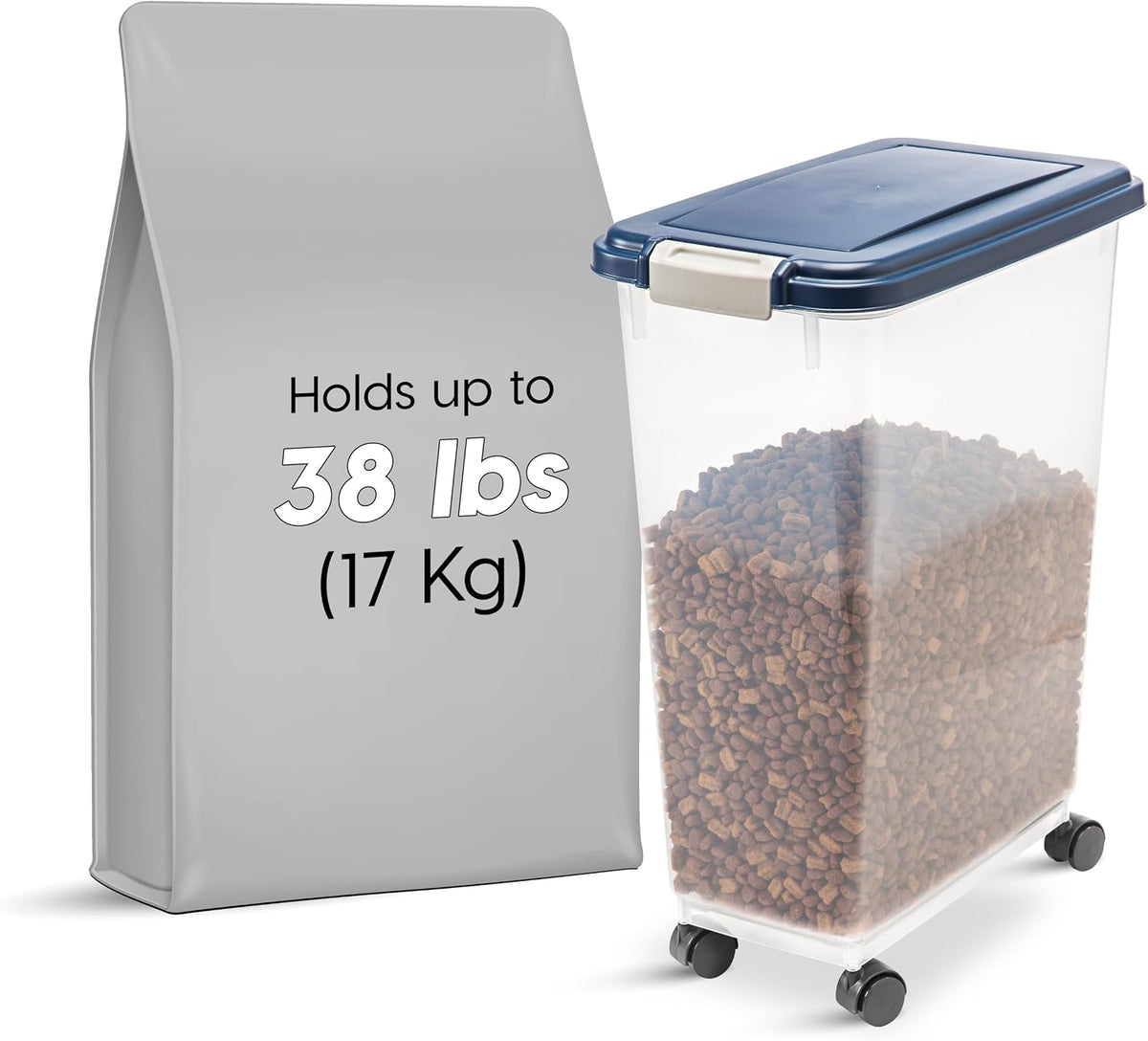 IRIS USA Dog Food Storage Container, Up to 38 lbs, Navy, Made in USA | Wheels for Mobility, Airtight Seal, BPA-Free, Best for Bird Seed, Cat food, Cat Litter, Chicken Feed, Pellets 