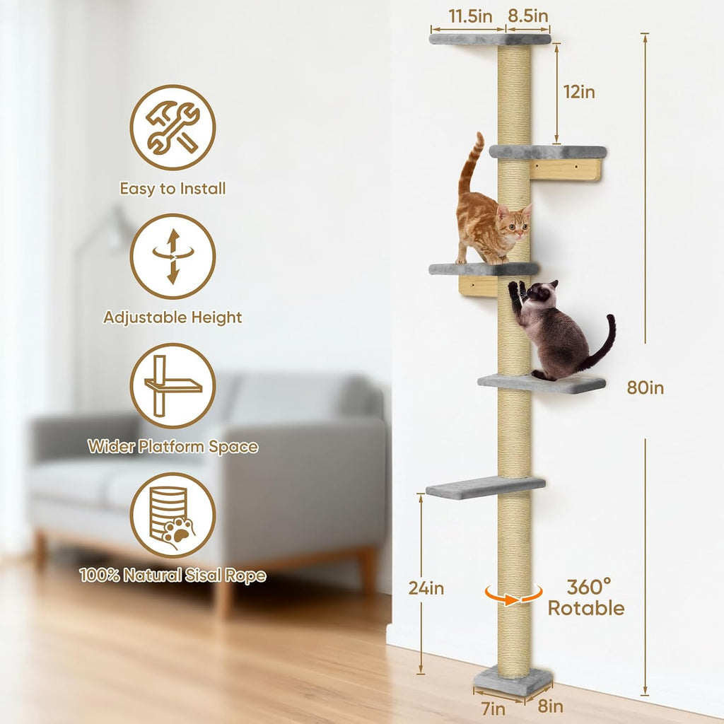 PAWSCRAT 5-Tier Wall-Mounted Cat Tree, 80-Inch Sisal Cat Post, Gray