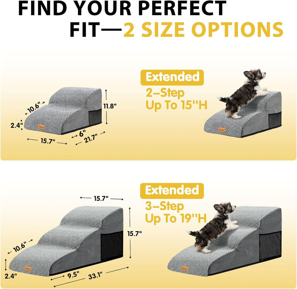 Dog Stairs for Small Dogs, Extended 3-Step Foam Pet Ramp for Bed Couch