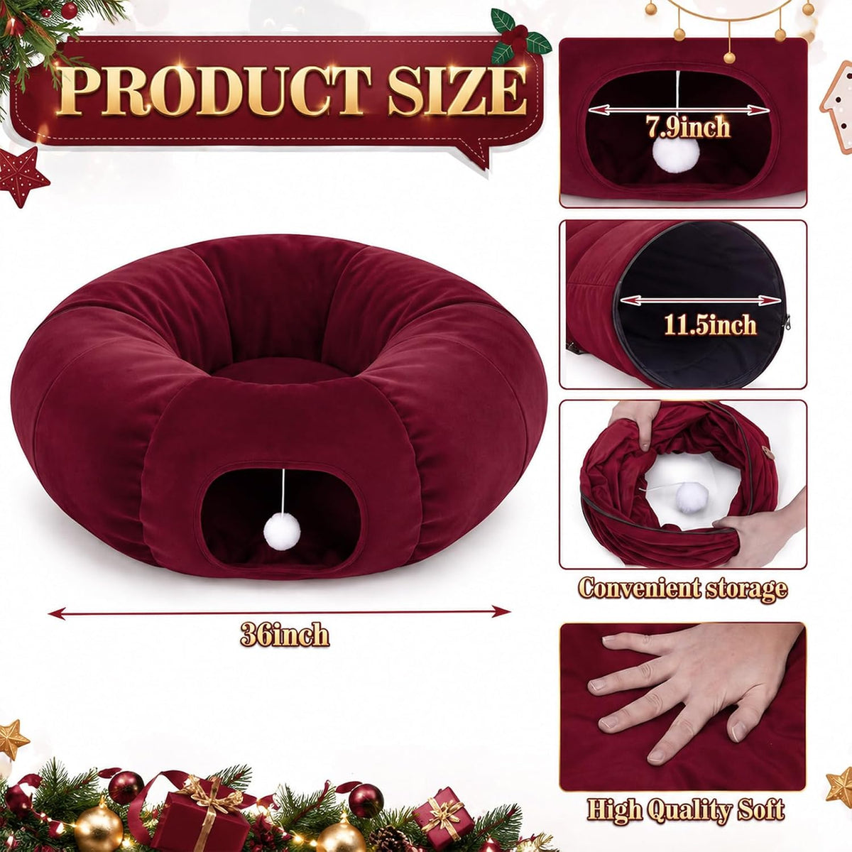 Christmas Tree Cat Tunnel 36 in Donut Bed, Burgundy, Velvet, Fluffy