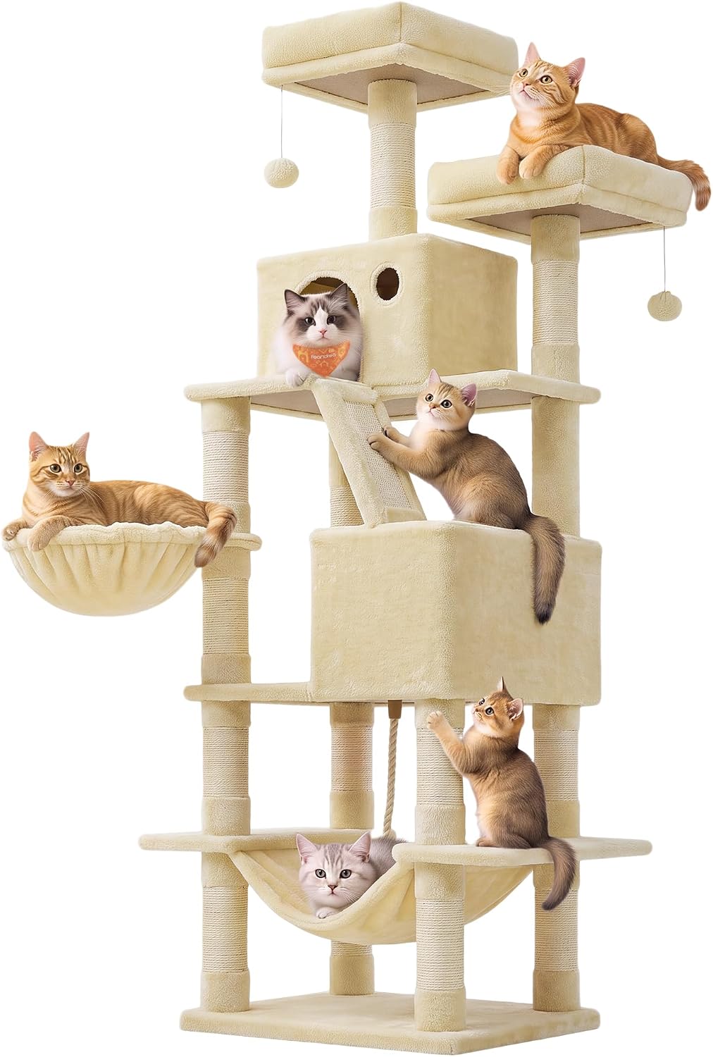 Feandrea Cat Tree, 66.1-Inch Large Cat Tower, Multi-Level Condo, Beige