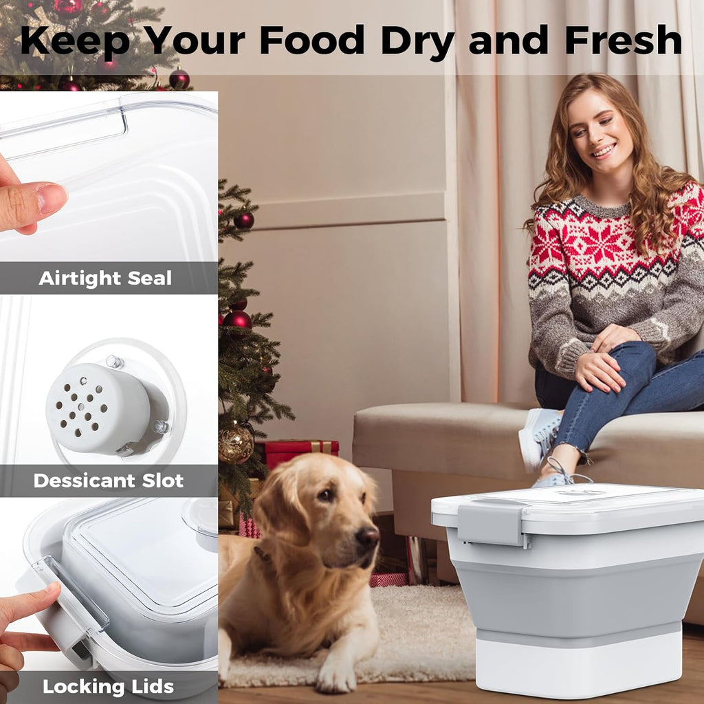 10-13Lbs Airtight Dog Food Storage Container,Collapsible Dog Food Container | Clear Pet Food Storage Container with Double Airtight Seal for Freshness,Cat Food Container One-handed Open,Save Space,Scoop