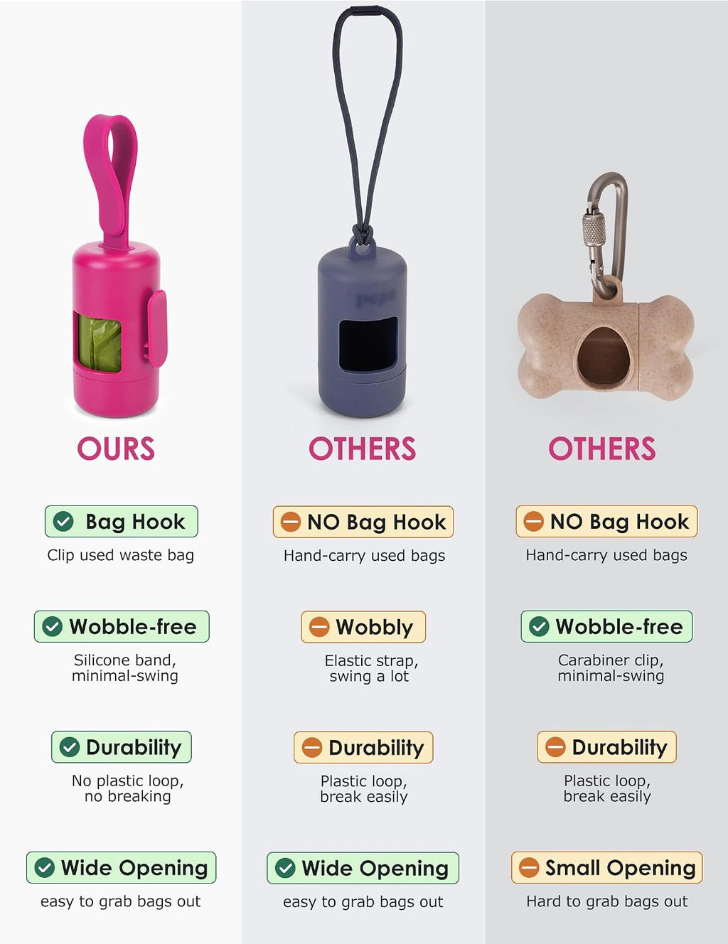 Gobeigo Dog Poop Bag Holder with Convenient Hook for Waste Bags(Hot Pink) | Silicone Strap Fits Any Leash, Large Opening for Easy Dispensing with 1 Bonus Roll of Waste Bags