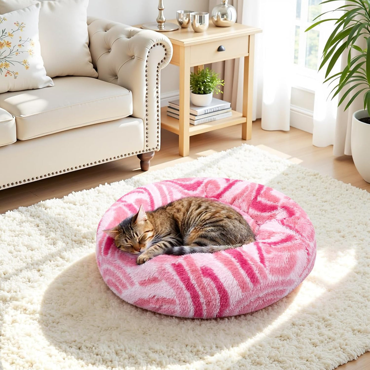 Calming Donut Dog Bed for Small Dogs, Fluffy Round Sofa Burrow Bed, Orthopedic Waterproof Anti-Anxiety Pet Beds with Supportive Edge, Washable Soft Plush Cat Beds with Non-Slip Bottom