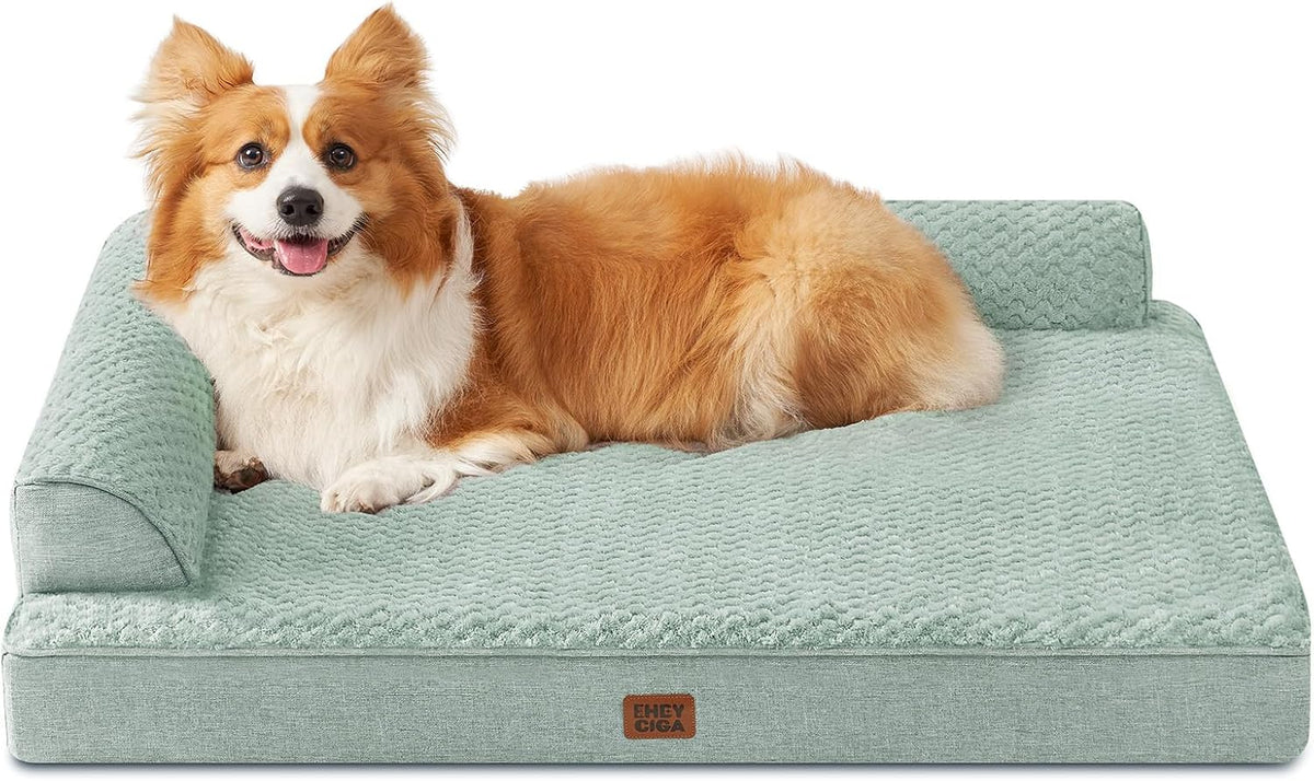 EHEYCIGA Large Dog Bed Memory Foam for Crate, Orthopedic Dog Bed Large Size Dogs with Washable Removable Cover, Waterproof Pet Sofa Couch with Nonskid Bottom, 35x22x6, Greyish Green