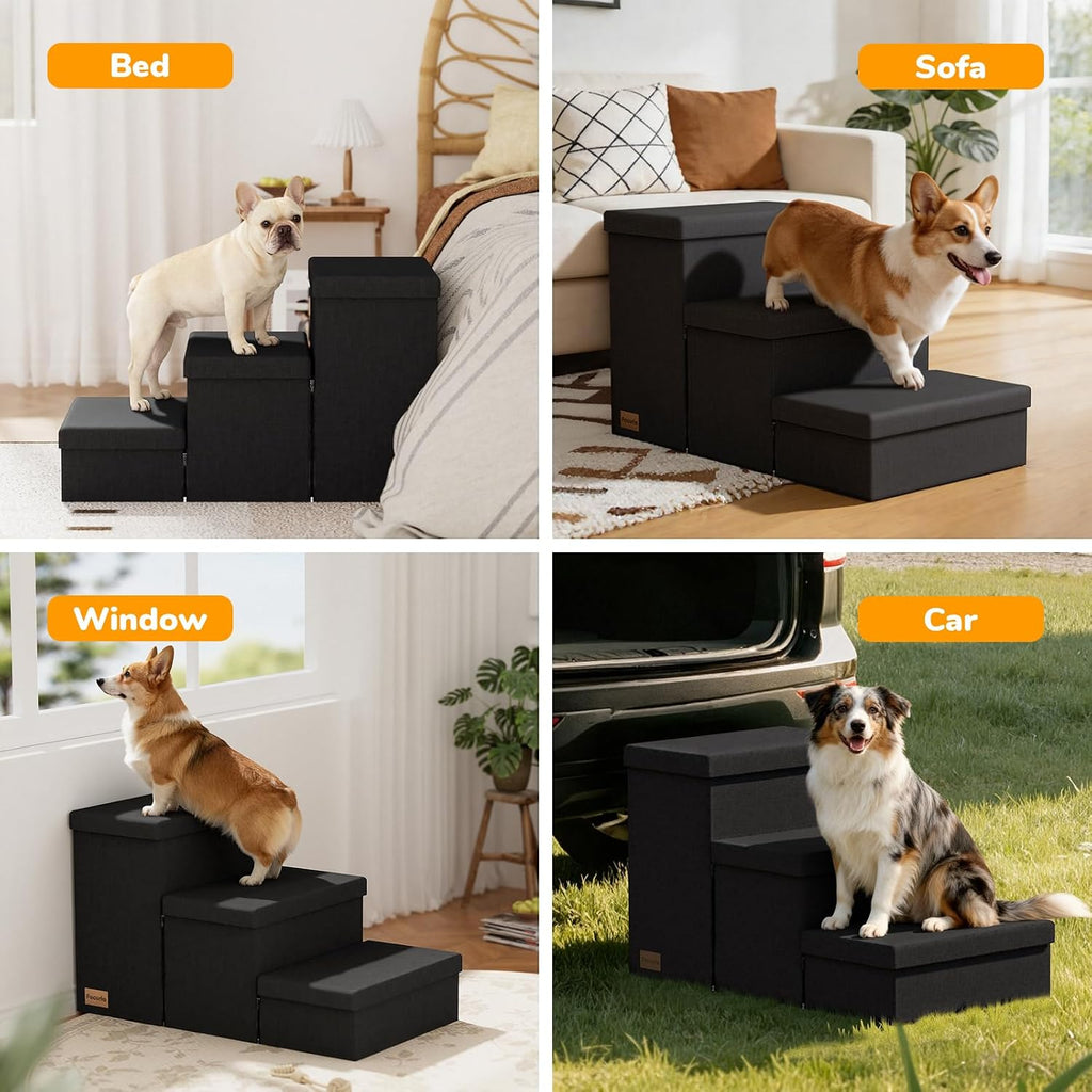 3-Step Wide Dog Stairs with Storage 18" H, Non-Slip Sturdy Pet Steps for High Bed Couch Window, Pet Stairs for Small/Medium/Large Old Dogs Cats Up to 200lbs, Cat Dog Steps for Car/SUV, Black