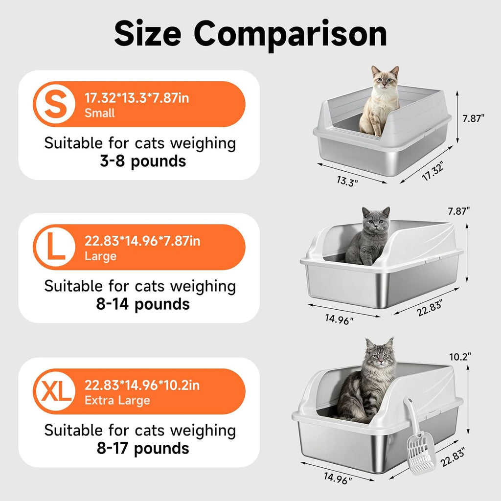 Stainless Steel Cat Litter Box for Small Cats, Odor Free Metal Litter Box | High Sides Lid Open Top Low Entry Litter Pan Easy Cleaning Kitty Cat Box Anti-Urine Leakage Non-Sticky Include Scoop