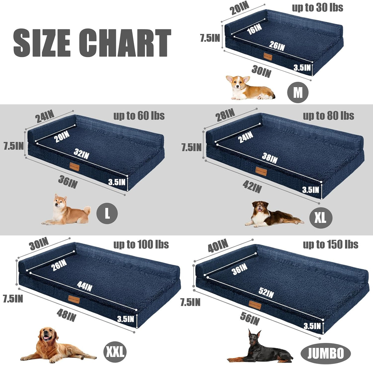 Patas Lague Orthopedic Large Dog Bed Washable Pet Sofa Bed 42X28 Navy Blue