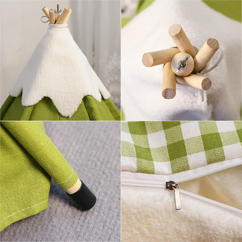 Cat Teepee Tent Bed,Outdoor Indoor Dog House,Portable Washable Pet Tent for Small Dogs with Cushion,Inside Pet Teepee for Small Medium Animals (Green, M)
