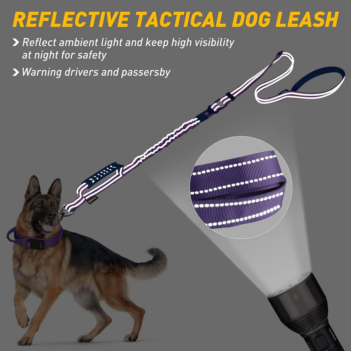 AUBELL Tactical Dog Leash Heavy Duty,4-6ft No Pull Bungee Leash,Purple