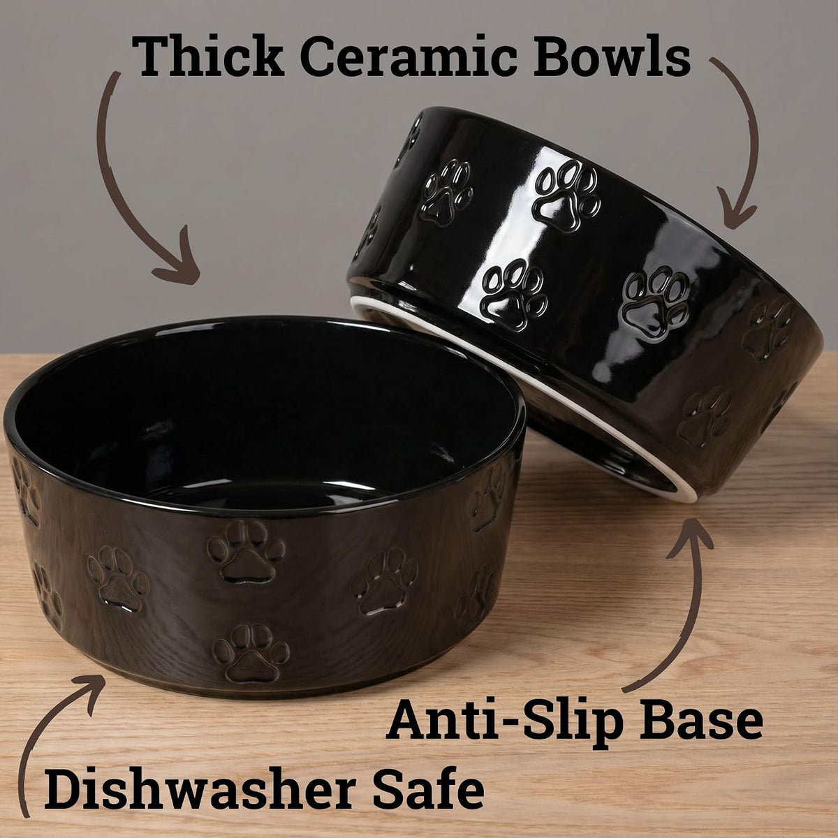 Ceramic Dog Bowl Set of 2 w/ Anti-Skid Base 6.5"W x 2.5"H, 3.8 Cup Capacity