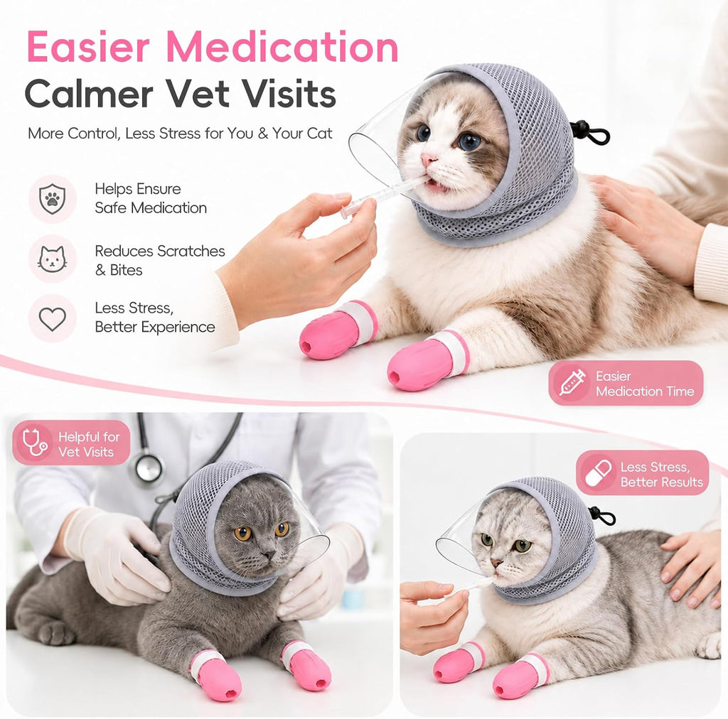 Cat Muzzle for Grooming with 4 Claw Cover, Breathable Cat Helmet for Biting