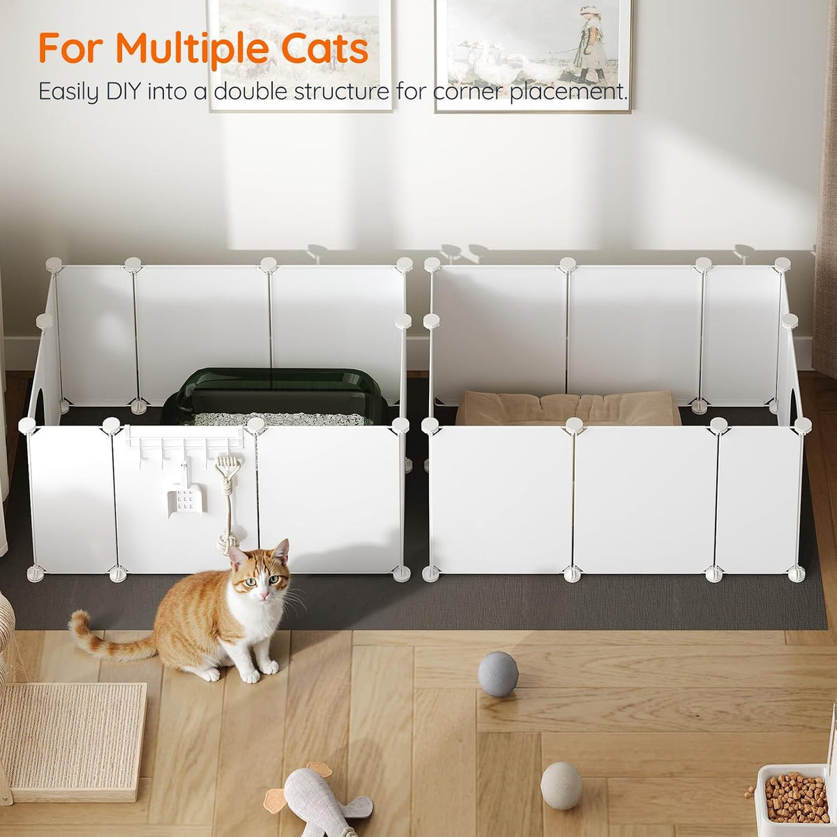 HOOBRO 2 Pack Cat Litter Box Enclosure Splash Guard with Large Oxford Mat, Plastics High-Edge Litter Guard with Drain Hooks, DIY Assembly, 70.9" L x 29.1" W x 15.7" H, Easy to Clean, White WT08PP03