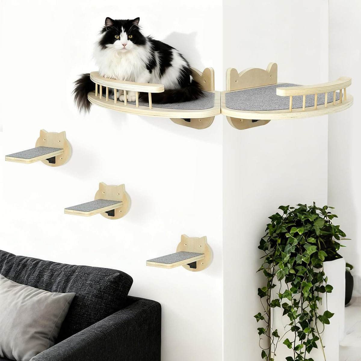 Cat Wall Shelves Furniture Set with Scratching Pad，Wooden Cat Climbing Wall Systems with 2 Perches and 3 Steps, Floating Shelves Bed Wall Mounted for Indoor Fit Up to 15Lbs (Burlywood)