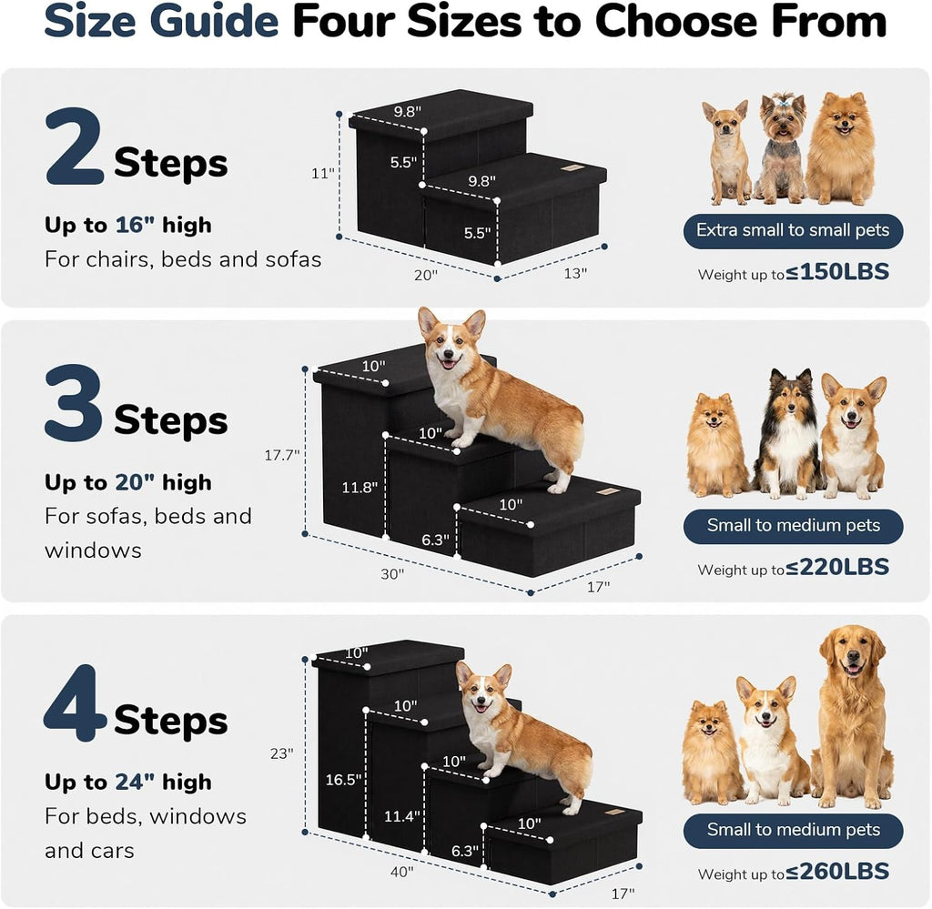 3-Step Wide Dog Stairs 18" H with Removable Cover, Non-Slip Storage Pet Steps for High Bed Couch, Pet Stairs for Small/Medium/Large Old Dogs Puppy Up to 200lbs, Cat Dog Steps for Car, Black