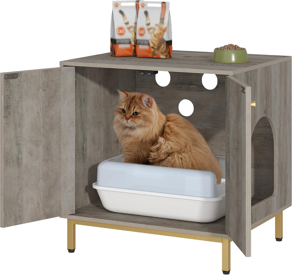 Hzuaneri Cat Litter Box Enclosure, Hidden Litter Box Furniture, Sisal Mat | Wooden Indoor Cat Cabinet, Modern Cat Washroom, Side End Table, for Living Room, Bedroom, Greige and Gold CB81205G