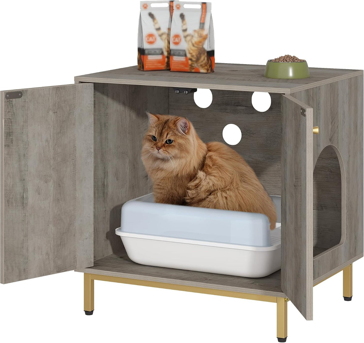 Hzuaneri Cat Litter Box Enclosure, Hidden Litter Box Furniture, Sisal Mat | Wooden Indoor Cat Cabinet, Modern Cat Washroom, Side End Table, for Living Room, Bedroom, Greige and Gold CB81205G