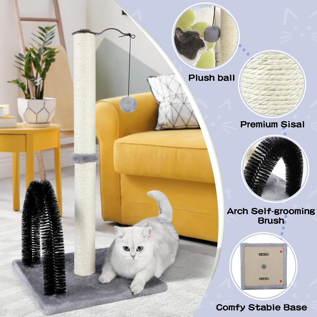 ANWA 32" Tall Cat Scratching Post with Arch Groomer, Natural Sisal, Gray