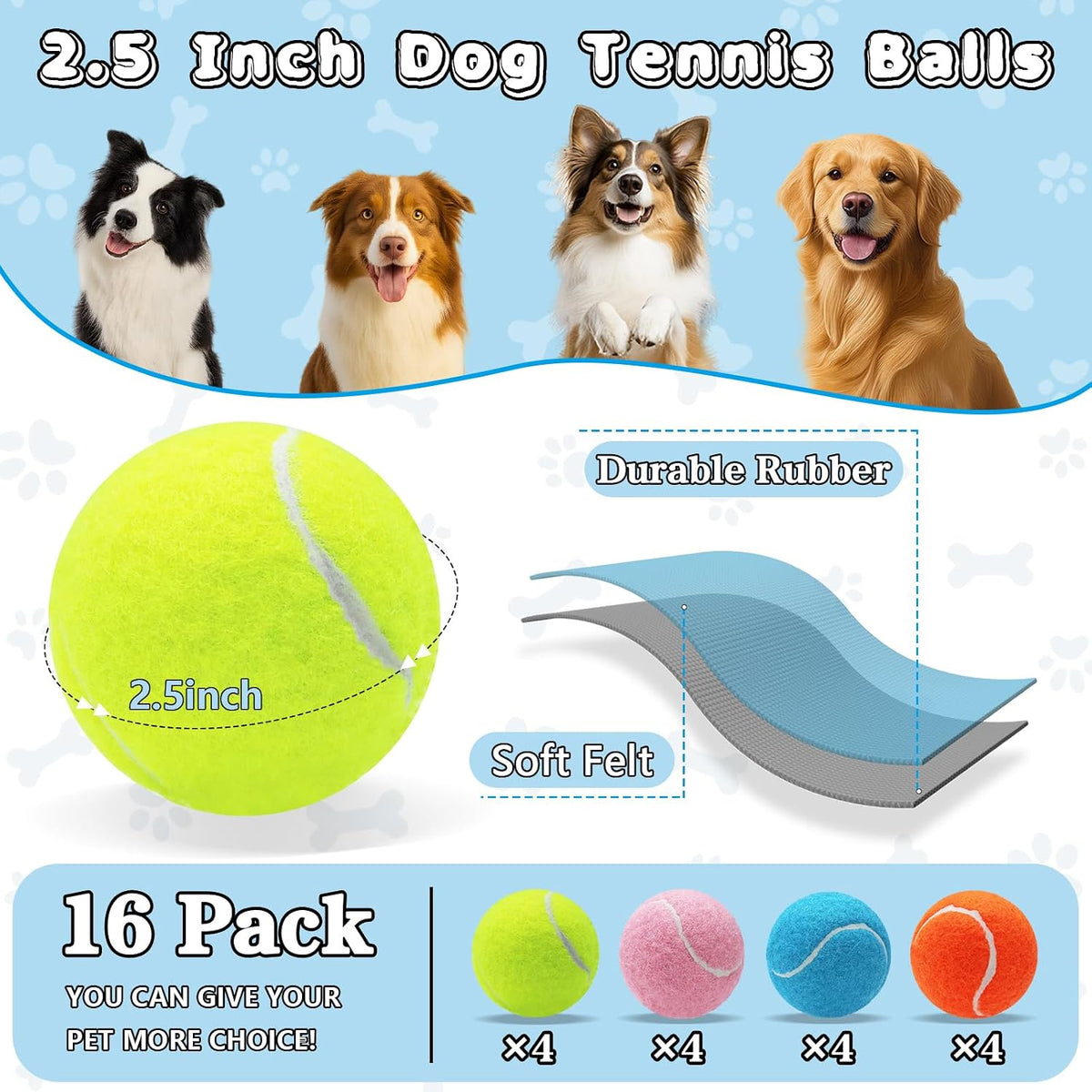 Magicorange Tennis Balls for Dogs,Colorful Easy Catching Dog Balls,16 Pack | Bright Yellow/Pink/Orange/Blue Dog Playing Balls, Easy to Spot And Fetch, with Mesh Bag for Training and Outdoor Fun