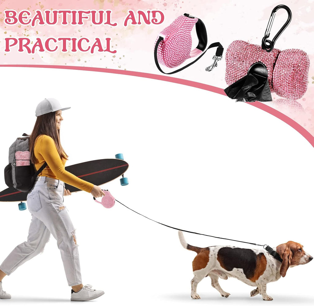 LEIFIDE 2 Pack Rhinestone Retractable Dog Leash and Bag Holder Set Pink Bling Bone Shaped Pet Waste Bags Dispenser with Metal Clip Heavy Duty Dog Leash for Most Puppy