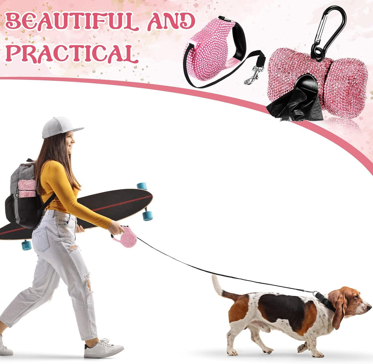 LEIFIDE 2 Pack Rhinestone Retractable Dog Leash and Bag Holder Set Pink Bling Bone Shaped Pet Waste Bags Dispenser with Metal Clip Heavy Duty Dog Leash for Most Puppy