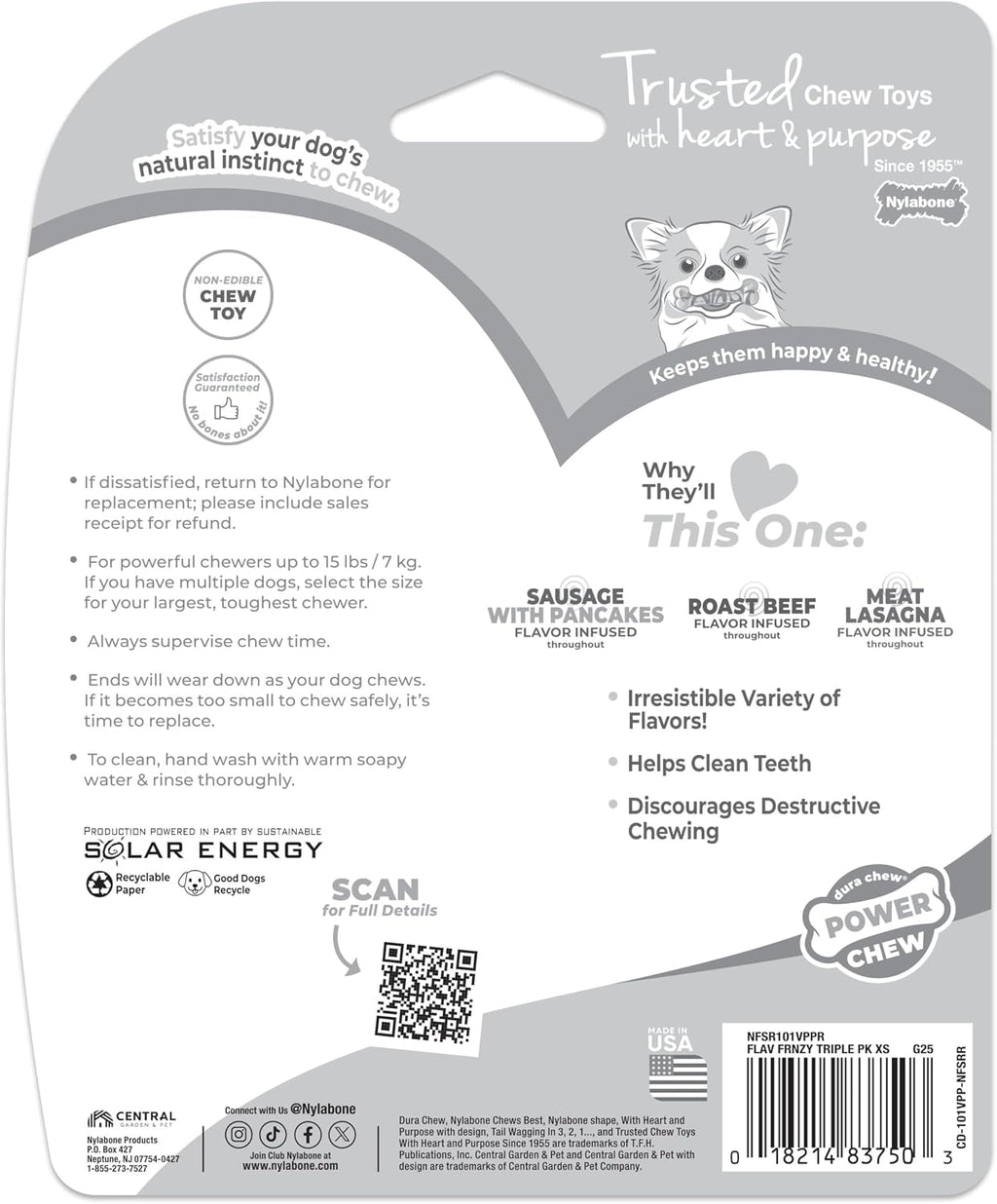 Nylabone Power Chew Original Bone Dog Chew Toys, X-Small, 3 Count | Pancakes & sausage, roast beef, & meat lasagna flavor, durable, long lasting, flavor throughout, for dogs up to 15 lbs