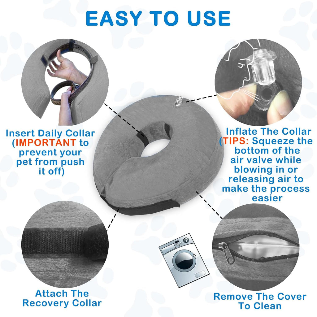 Inflatable Dog Cone Collar (L Size), Soft Dog Cone Blow-up Protective Recovery Collar, Pet Donut Collar, Comfy E-Collar After Surgery for Medium Large Dog to Prevent Biting Licking, Grey