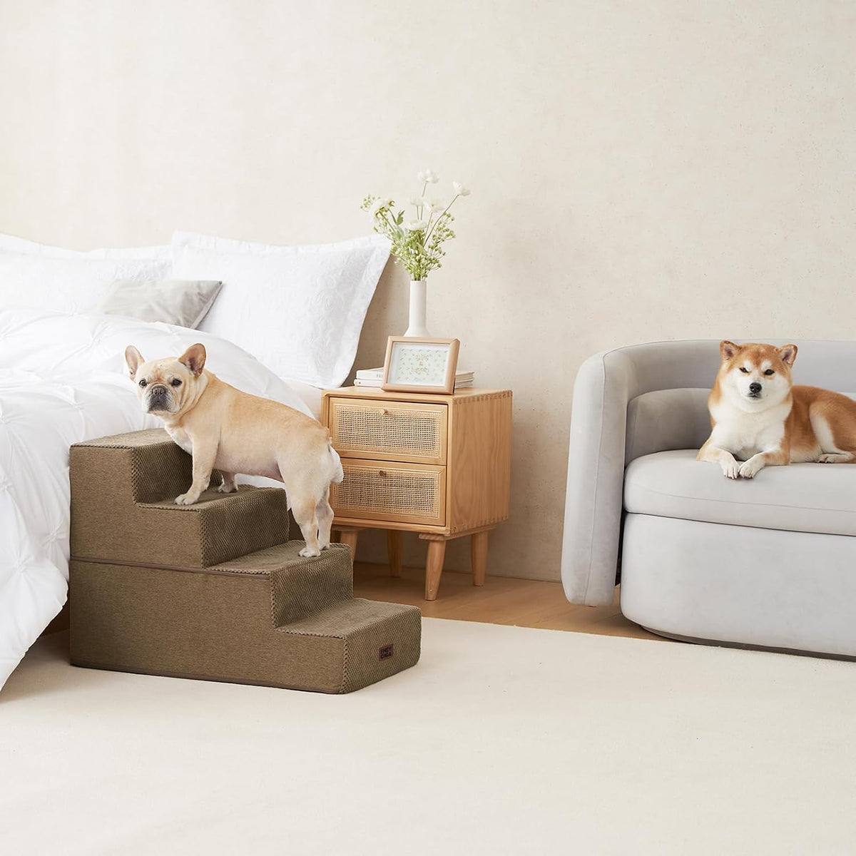 EHEYCIGA Dog Stairs for Bed 20" H, 4-Step Extra Wide Dog Steps, Camel