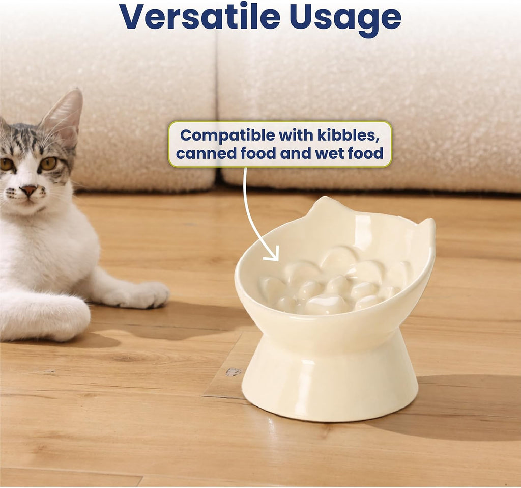 PawsPik Lynx Ceramic Raised Slow Dog & Cat Elevated Food Bowl, Daisy Yellow