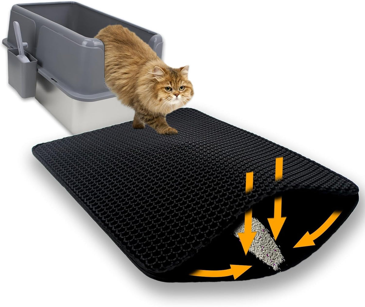 Cat Litter Box Mat,Double-Layer Honeycomb Litter Trap 30"x22" Blakc | Catches Scattered Particles to Stop Tracking,Waterproof Design Urineproof Base Protects Floors, Easy to Clean, Indoor Cats