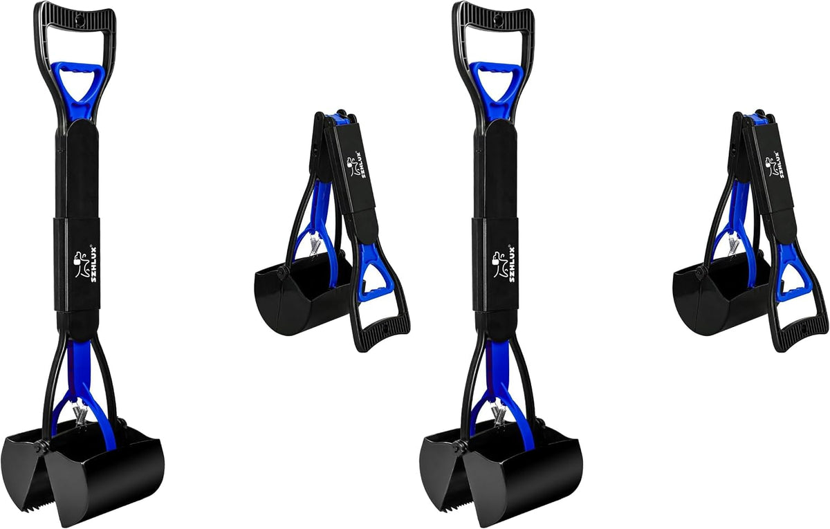 SZHLUX 28" Pooper Scooper, Foldable Dog Pooper Scooper with Unbreakable Material and Durable Spring for Grass and Gravel, Blue (Pack of 2)