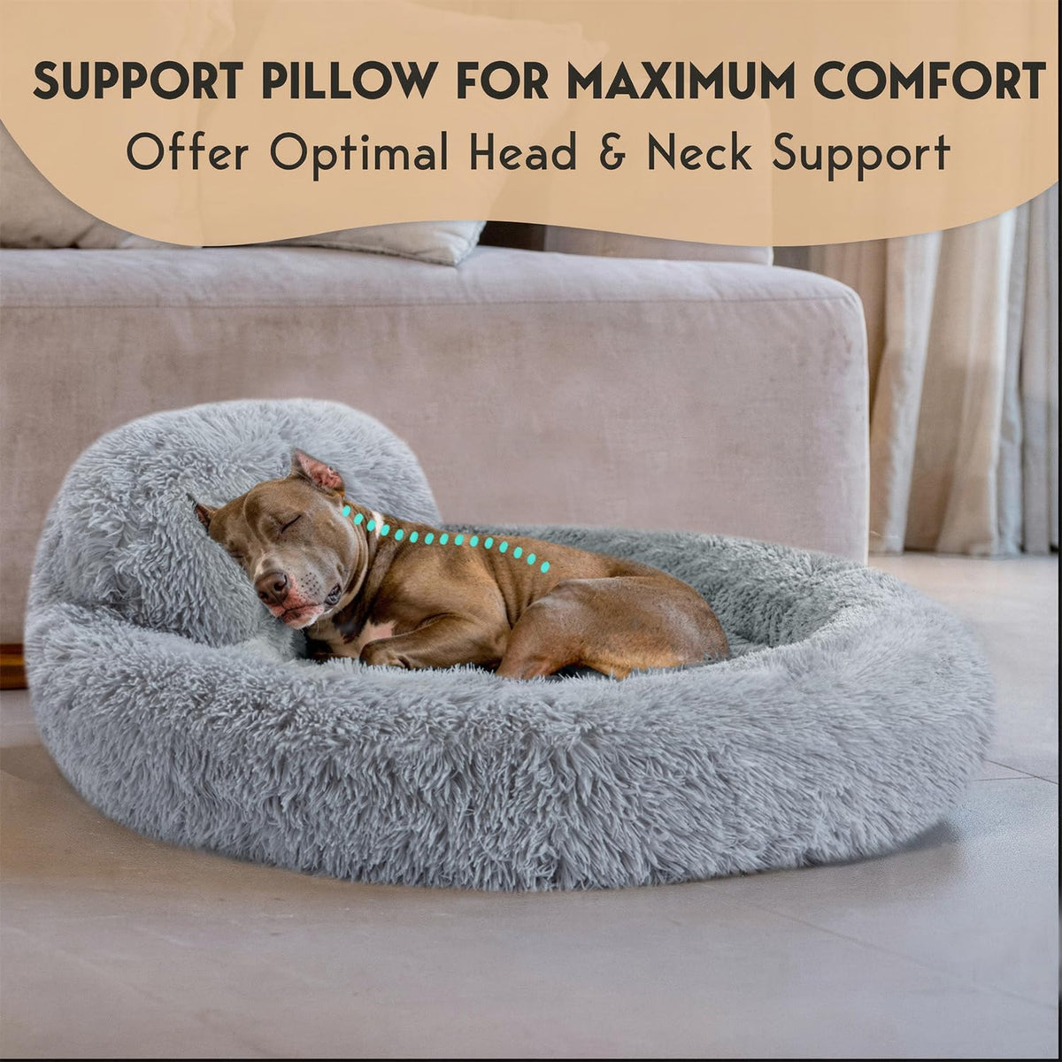 PetJett Dog Beds Large Sized Dog - 36'' Calming Round Bed, Washable Dog Bed - Anti-Slip Super Soft Donut Bed, Fluffy Faux Fur Anti-Anxiety Premium Comfort Pet Bed, Fits Dogs up to 80 lbs - Bright Grey