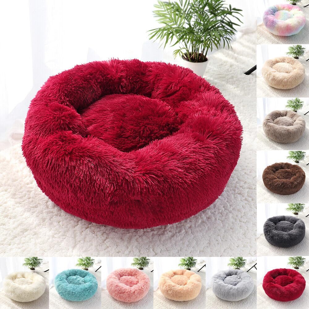 Cat Beds for Indoor Cats - Cat Bed Washable 24 inches, Dog Beds for Small Medium Dogs, Anti Anxiety Round Fluffy Plush Faux Fur Cat Bed, Thick Bottom (Red, Large 24" L x 24" W)