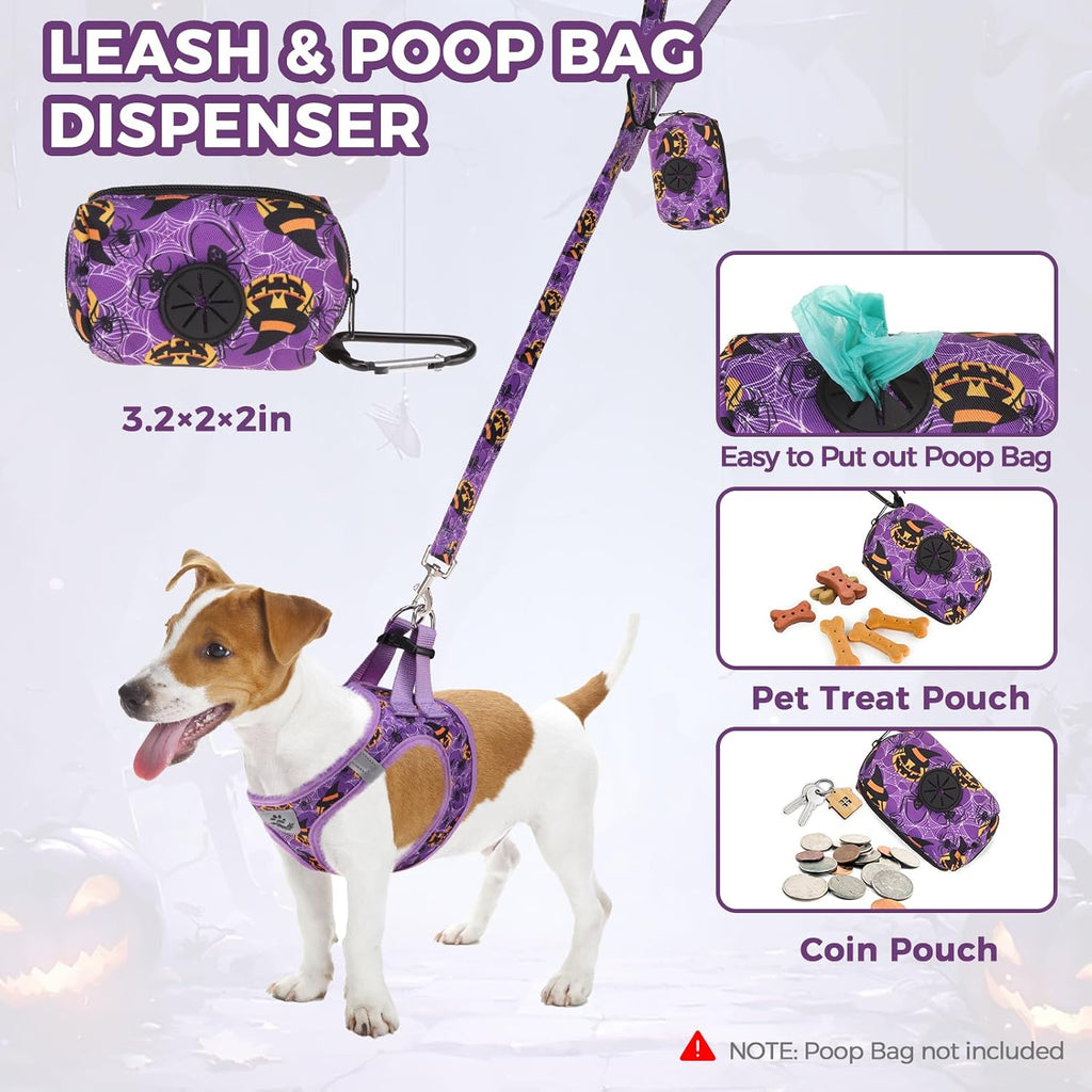 PAWCHIE Halloween Dog Harness and Leash Set, Step in No Pull Soft Pet Harness, Reflective Adjustable Puppy Vest for Medium Dogs,No Choke Harness Vest with Poop Bag Holder for Walking,Running,Purple M