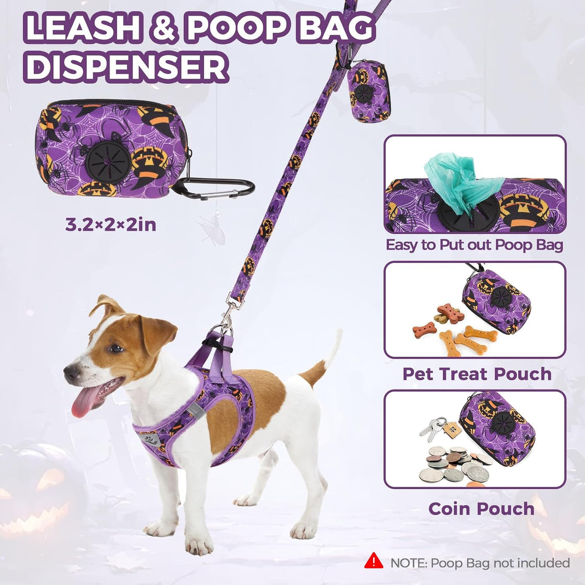 PAWCHIE Halloween Dog Harness and Leash Set, Step in No Pull Soft Pet Harness, Reflective Adjustable Puppy Vest for Medium Dogs,No Choke Harness Vest with Poop Bag Holder for Walking,Running,Purple M