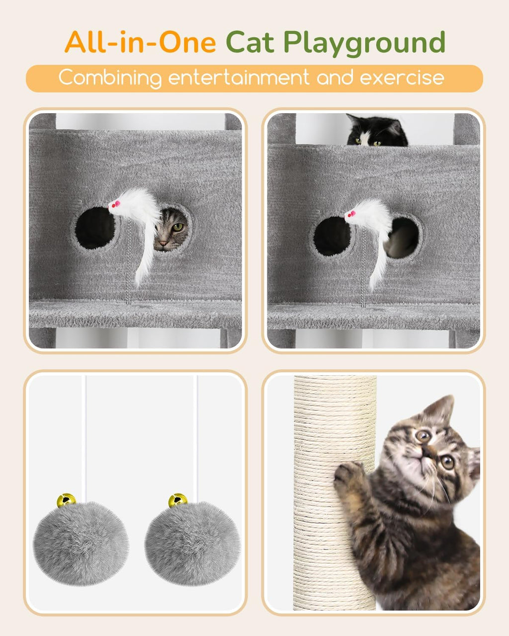 Globlazer 80in Cat Tree Tower for Indoor Cat Large Adult, S80B, Light Grey
