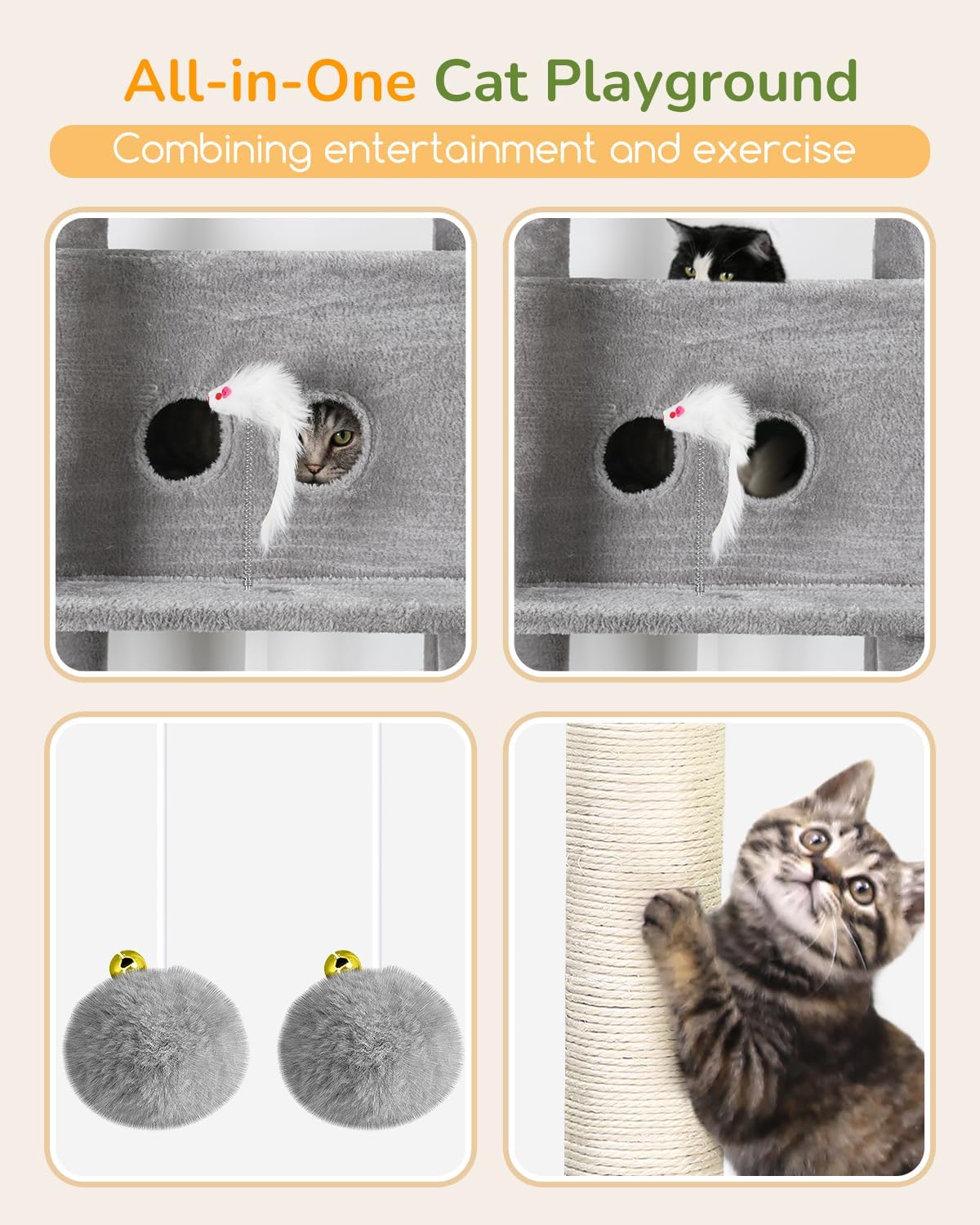 Globlazer 80in Cat Tree Tower for Indoor Cat Large Adult, S80B, Light Grey