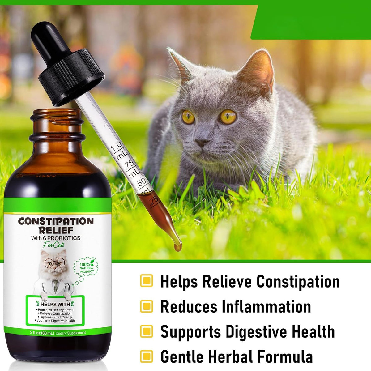 Natural Laxative for Cats with 6 Probiotics, Cat Constipation Relief Drops