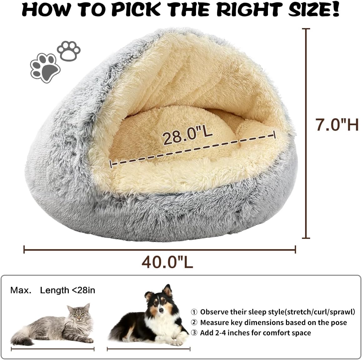 ShinHye Round Plush Fluffy Hooded Cat Bed Cave, Cozy for Indoor Cats or Small Dogs, Waterproof Bottom, Washable（40 in）